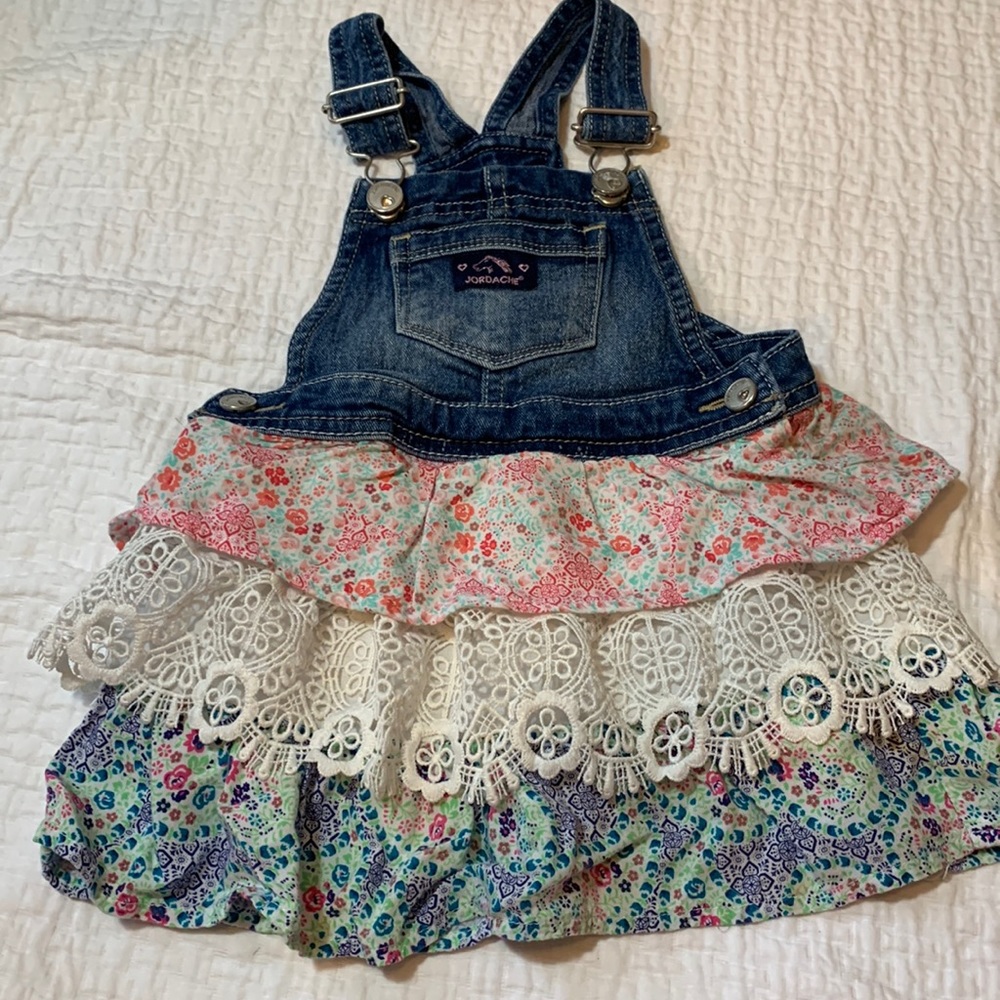 Jordache denim and ruffle overall dress. 2T